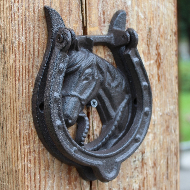Puerta de Hierro Fundido aldaba cabeza de caballo con manija Western Cowboy herradura puerta pestillo Metal puerta de casa decoración Vintage artesanía