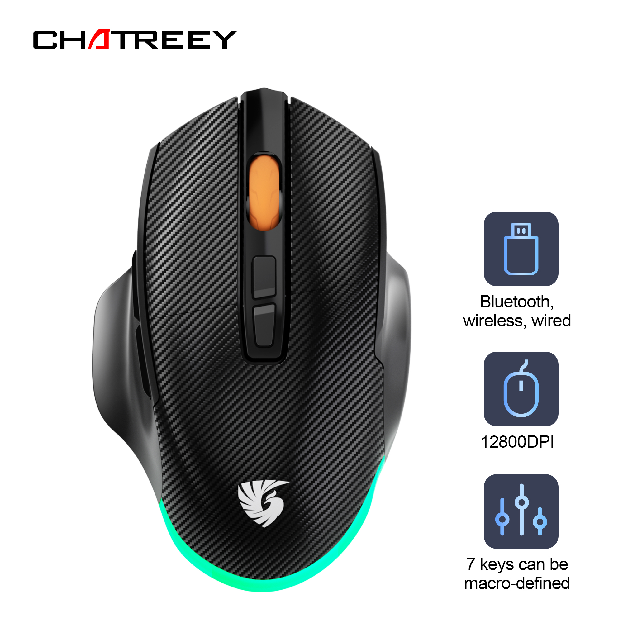 Chatreey Gaming Mouse 12800DPI 1000Hz BT/2.4G/ Wired 7 Buttons Macro Mouse for E-sports Ergonomic RGB Backlit