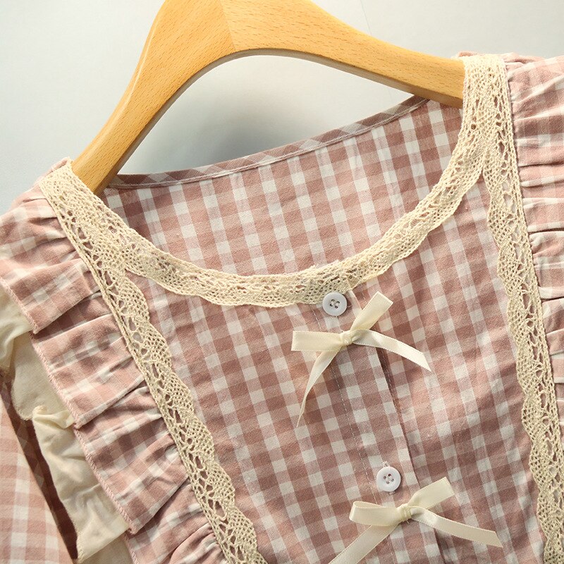 Vintage Cotton Women's Pajamas Sets Long Sleeve Ankel-length Girls Plaid Nightwear Spring Summer Loose Sleepwear Suits