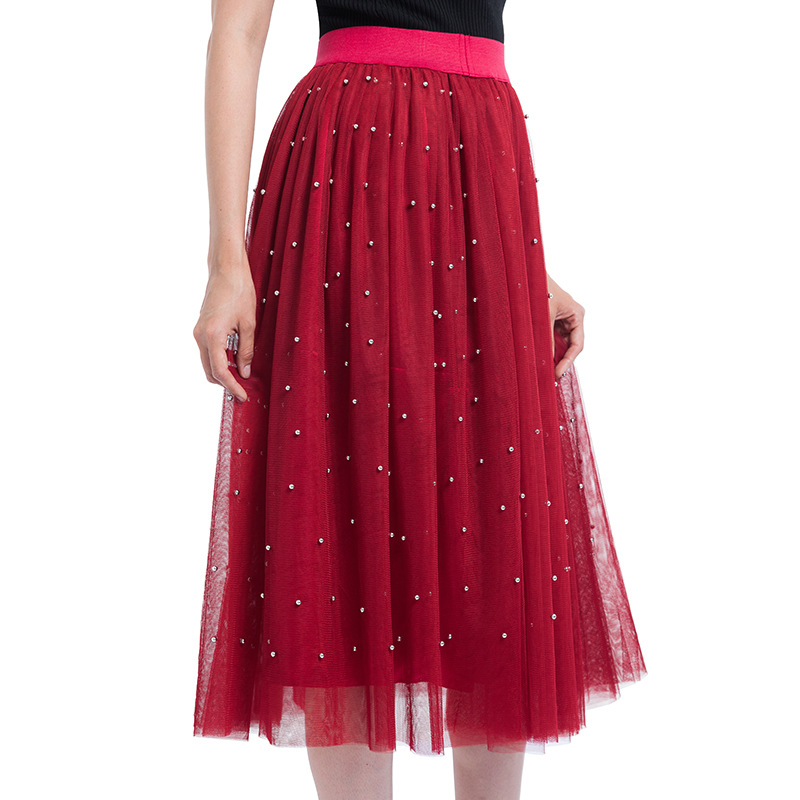 3 Layers Tulle Beading Women Skirts Spring Mesh Tulle Skirt With Bead Tutu Elastic Waist Pleated Skirt: red
