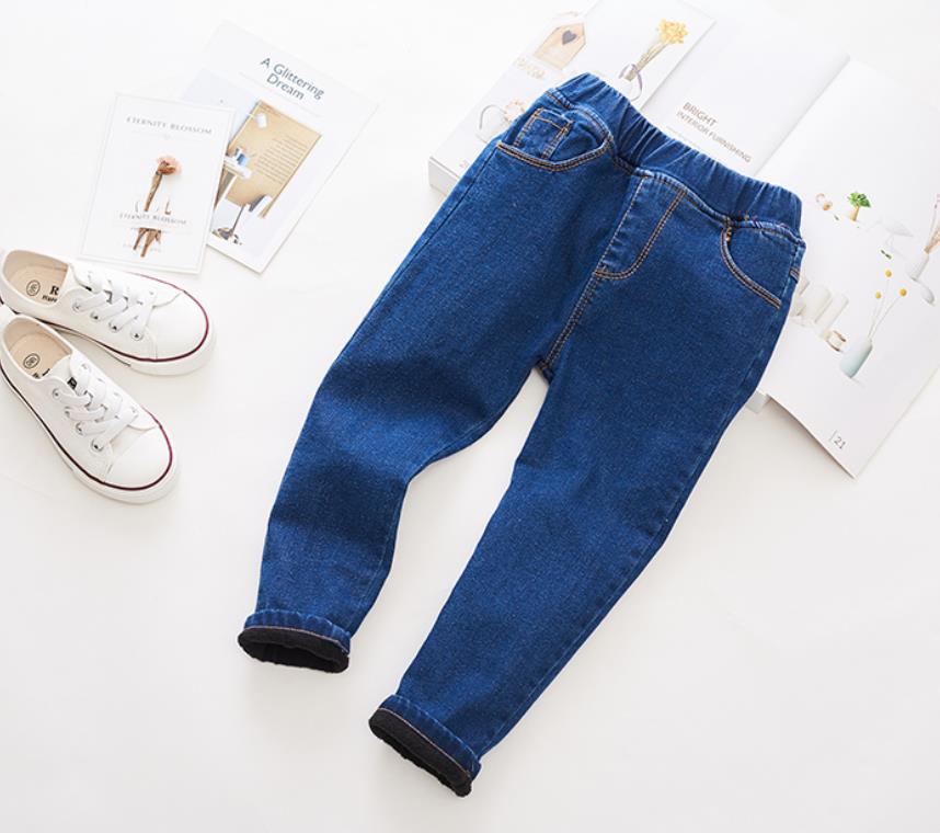 Piger vinter denim bukser børn børn baby koreansk casual plus velour jeans varme lange bukser: Blå / 7