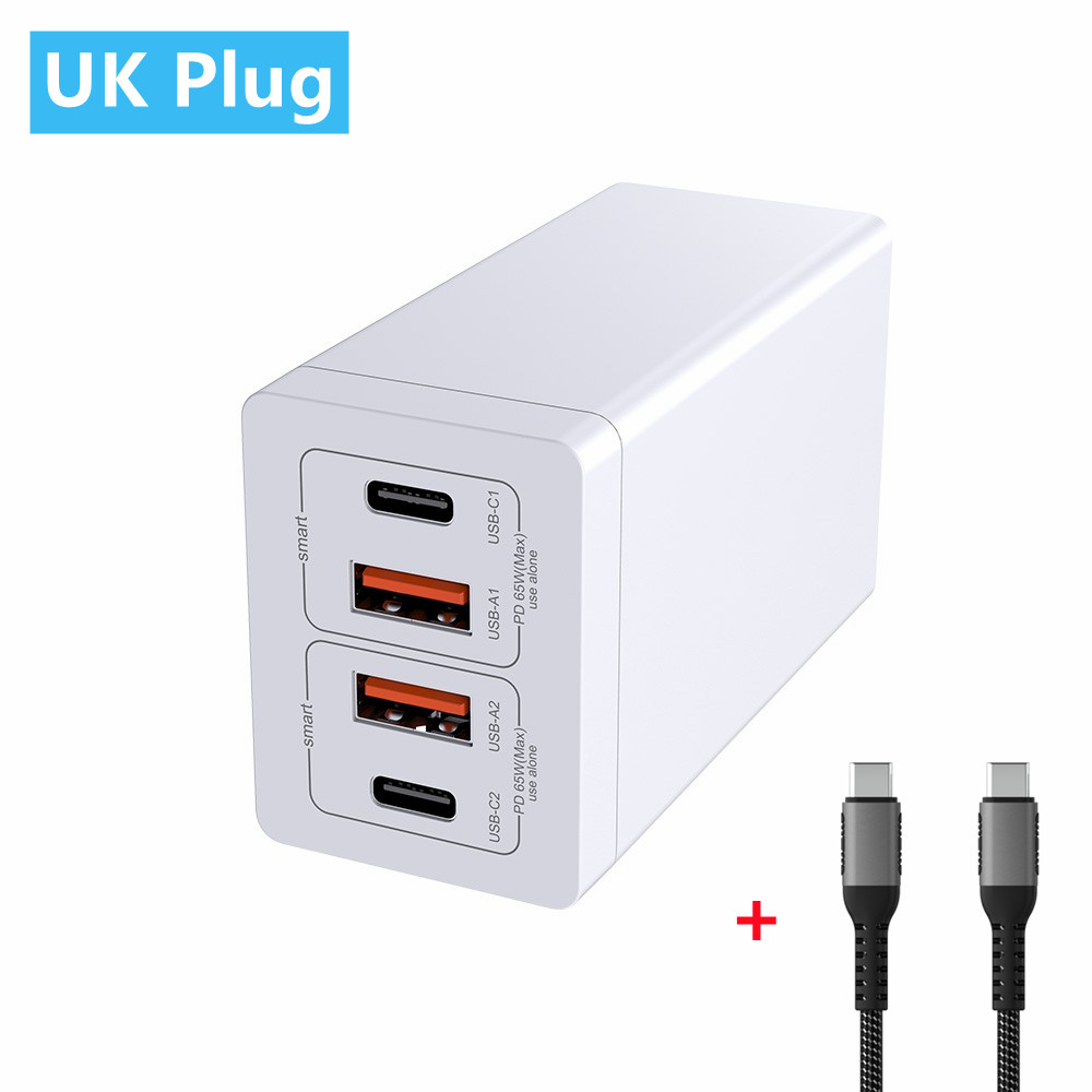 Schnellladegerät mit 65w usb-c- und usb-a-anschlüssen, 4 pps-  pd3.0 qc3.0 scp- und afc-anschlüssen für iphone 13 pro max, laptops und macbooks: Uk weiß und kabel