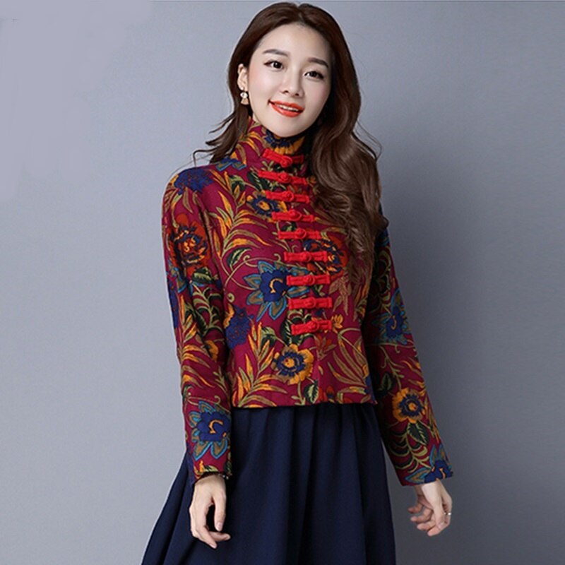 Camisa Floral roja para mujer, blusa Vintage tradicional china Tang, ropa Oriental, Tops Retro, abrigo de cuello mandarín 10436