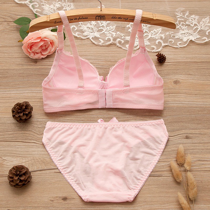 B Women Lace Padded Push Up No Steel Ring Small Chest Gathered Back Closure Adjustment Bow Adjusted-straps Bra Briefs Set