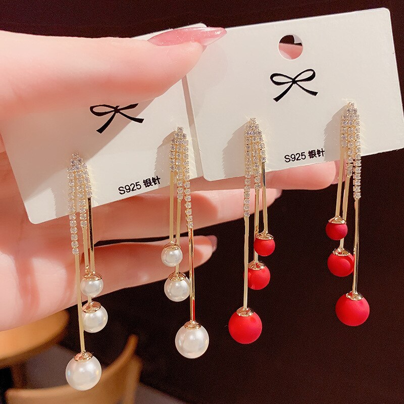Trend Simulatie Pearl Lange Oorbellen Voor Vrouwen Geometrie Bruiloft Hanger Oorbellen Koreaanse Sieraden Goede Oorbellen