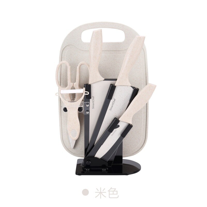 Tarwe Stro Mes Set Rvs Zeven Stuk Mes Set Keramische Mes Keuken Set Mes Schaar Fruit mes Houder: Beige Black base