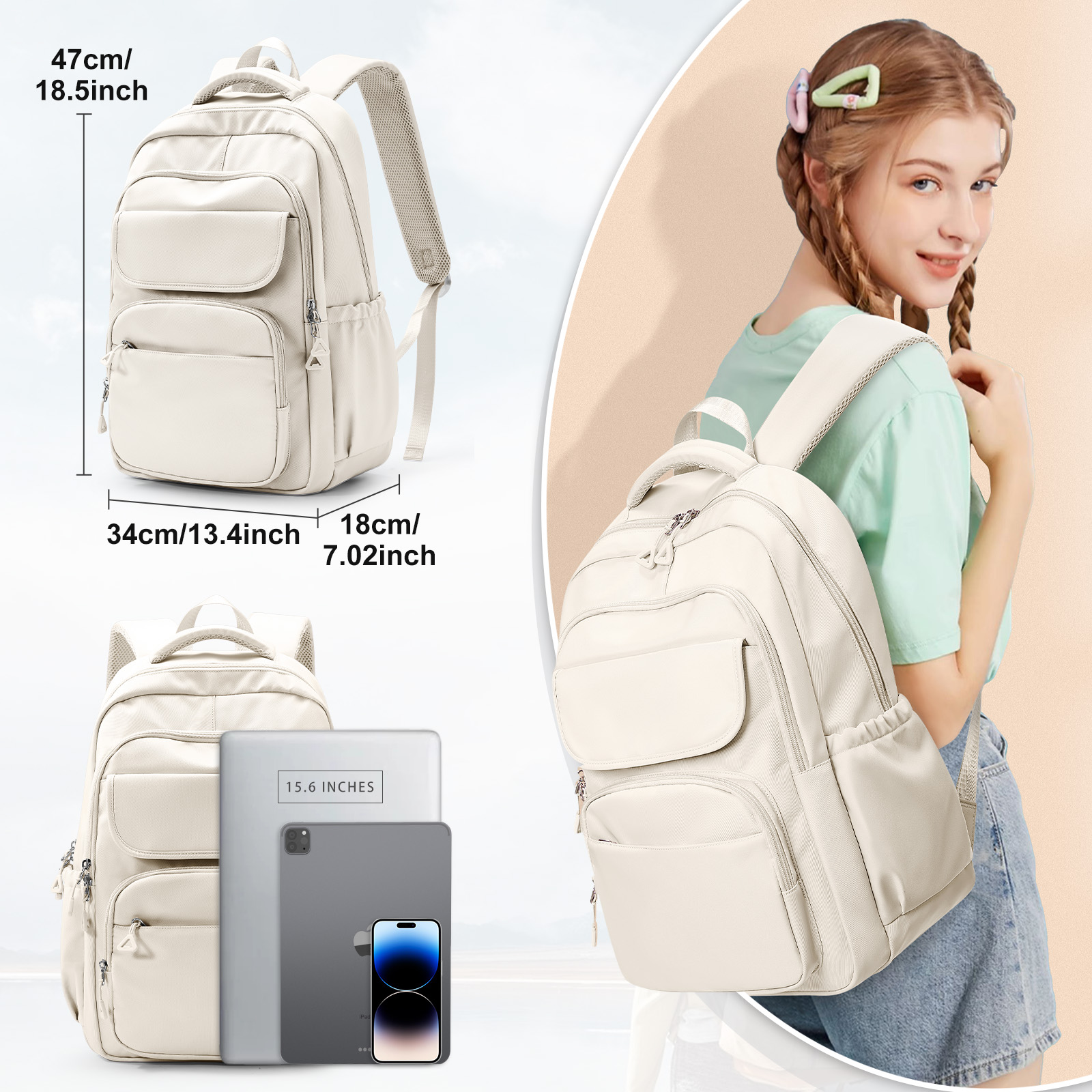 Hochschule Schule Laptop Rucksack, Teenager Mädchen reisen Rucksack freundlicher lässig Tages Rucksack, wasserdichte Mittels chul Tasche Jungen Mädchen: Beige