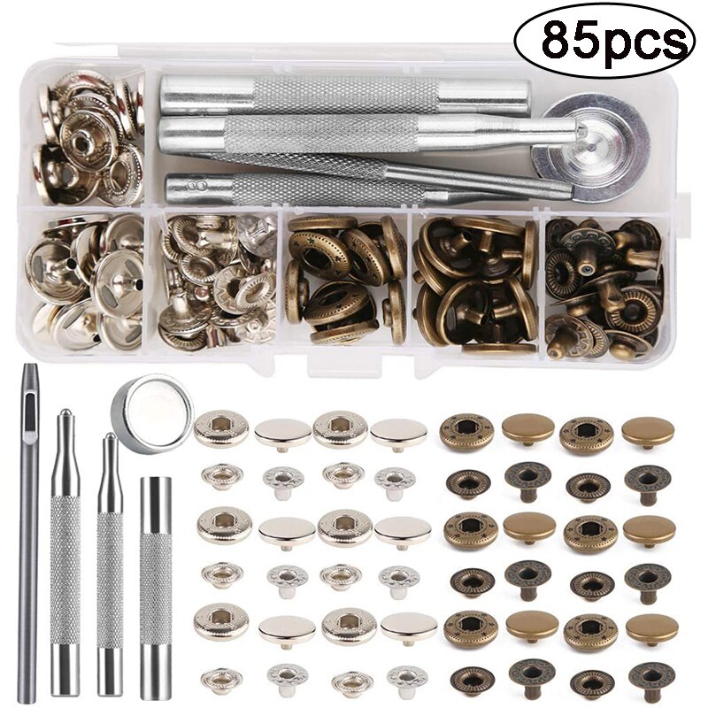 LMDZ Leather Snap Fasteners Kit Press Stud Metal Button Snaps with Hammer Installation Tools for DIY Leather Craft Project: 85pcs