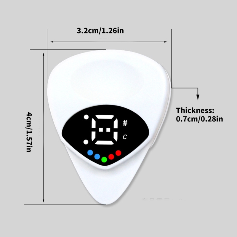 Guitarstemmer til folkeguitar, bas og ukulele med indbygget plekter og dobbeltfunktionstemmer med højt display