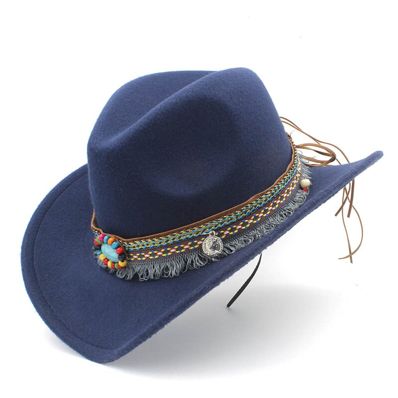 Barneull hule western cowboy lue dusk belte barn jente jazz cowgirl sombrero cap størrelse 52-54cm i 4-8 år: Mørke blå