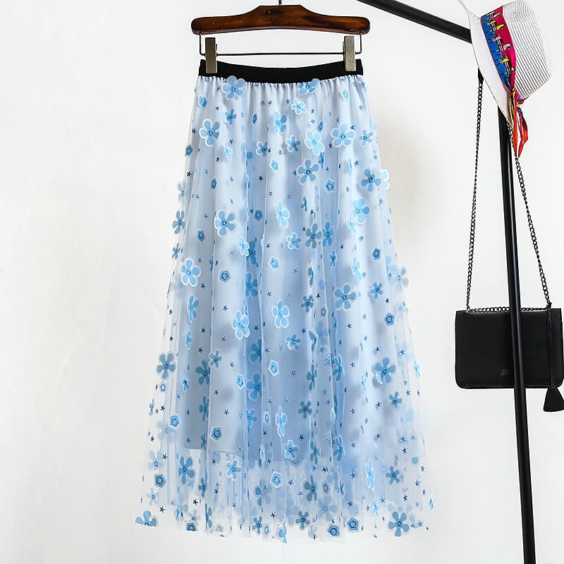 Falda de tul de gasa bordada para mujer, falda de malla plisada de cintura alta, con estampado Floral blanco coreano, 2022: Azul