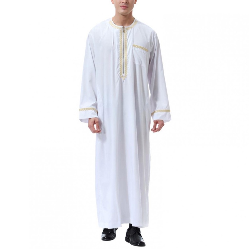 Mens Traditional Arab Thobe Middle Eastern Cultural Robe Round Neck Loose Fit Long Comfortable Islamic Clothing for Daily Wear