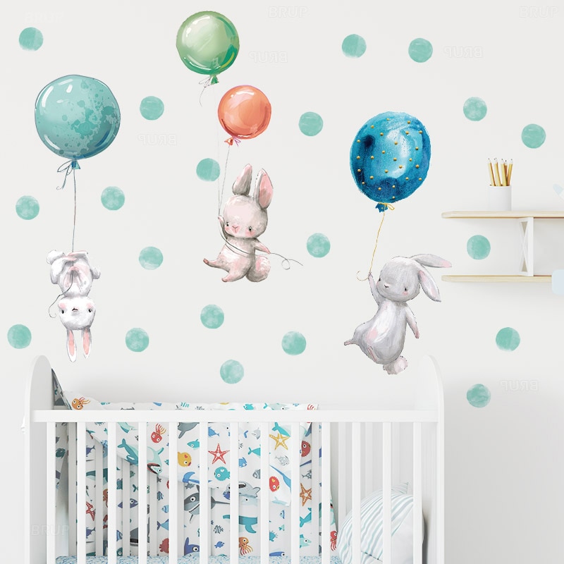 Cartoon Leuke Bunny Luchtballon Muurstickers Voor Baby Kinderkamer Decoratie Muurstickers Matte Materiaal Pvc Stickers Aquarel