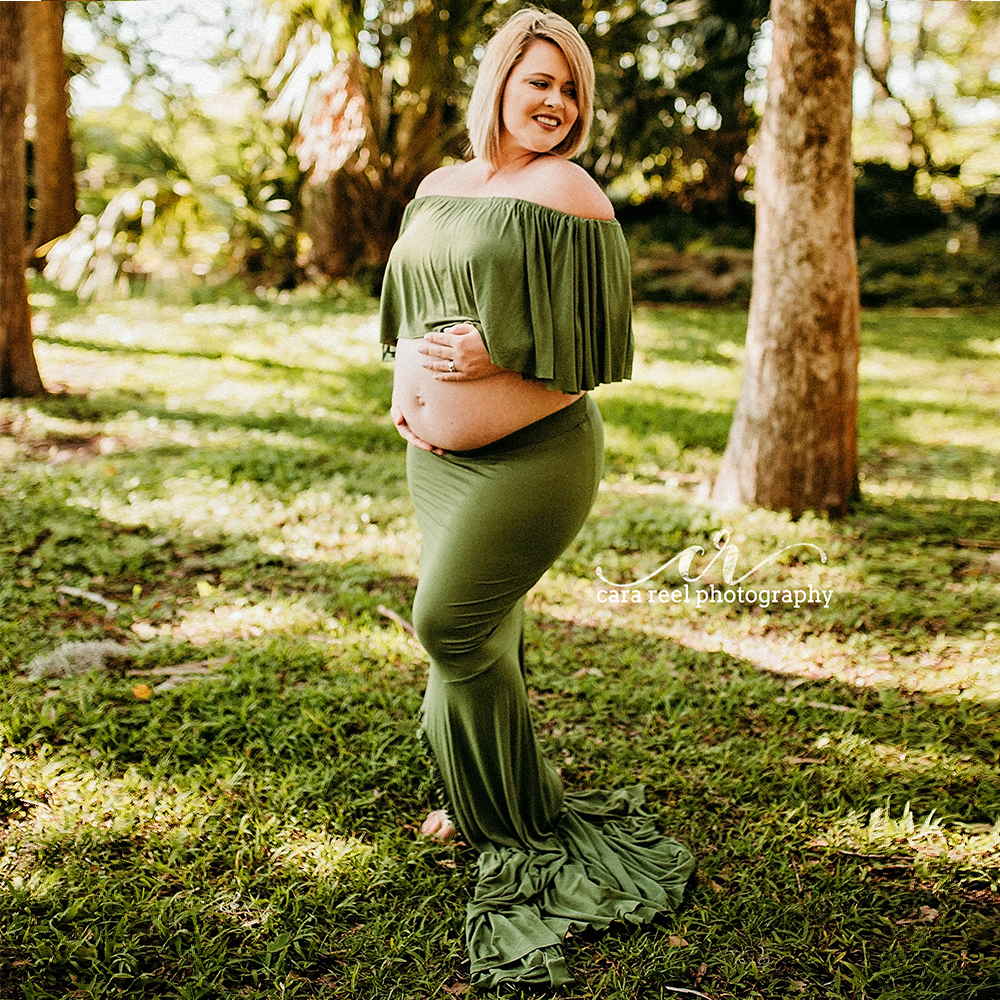 Don&amp;Judy Ruffle off shoulder Maternity Dress Photography Props Pregnancy Dress Photography For Photo Shoot Pregnant Maxi Gown: Green