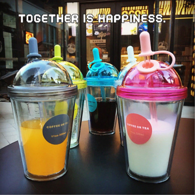plastic adult mugs with straw milk tea coffee cup with lid double-deck student couple juice glass portable water bottle