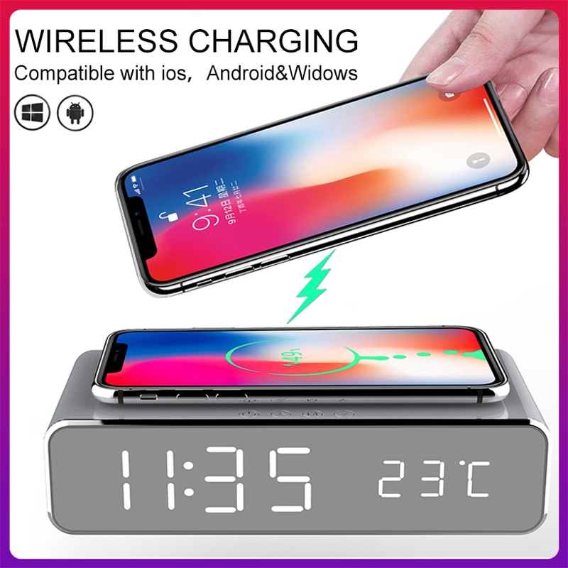 Led herätyskello qi langaton laturi iphone samsung huawei digitaalisella lämpömittarilla päivämääränäytöllä sähkökello