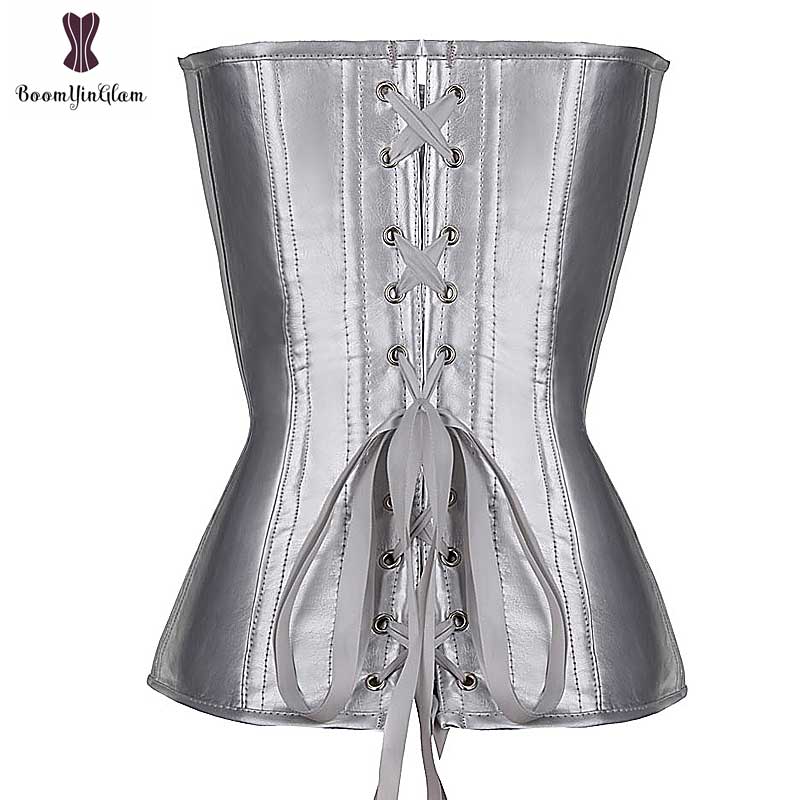 Silver Corset Top Shining Twinkle Faux Leather Overbust Bustier Front Zipper Blink Corselet Elastic Boned Gothic Clubwear Korset