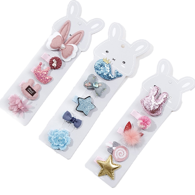 Children 5Pcs/Set Hair Pin Newborn Baby Girl Princess Crown Kids Clips Set Bows Rabbit Ears Hair Accessories For Toddlers Girls