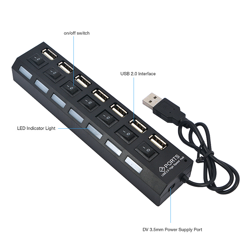 Multi 7 port usb hub 2.0 adapter 7 porte hub usb tænd/sluk-knap bærbar usb splitter højhastigheds til computer laptop nyeste