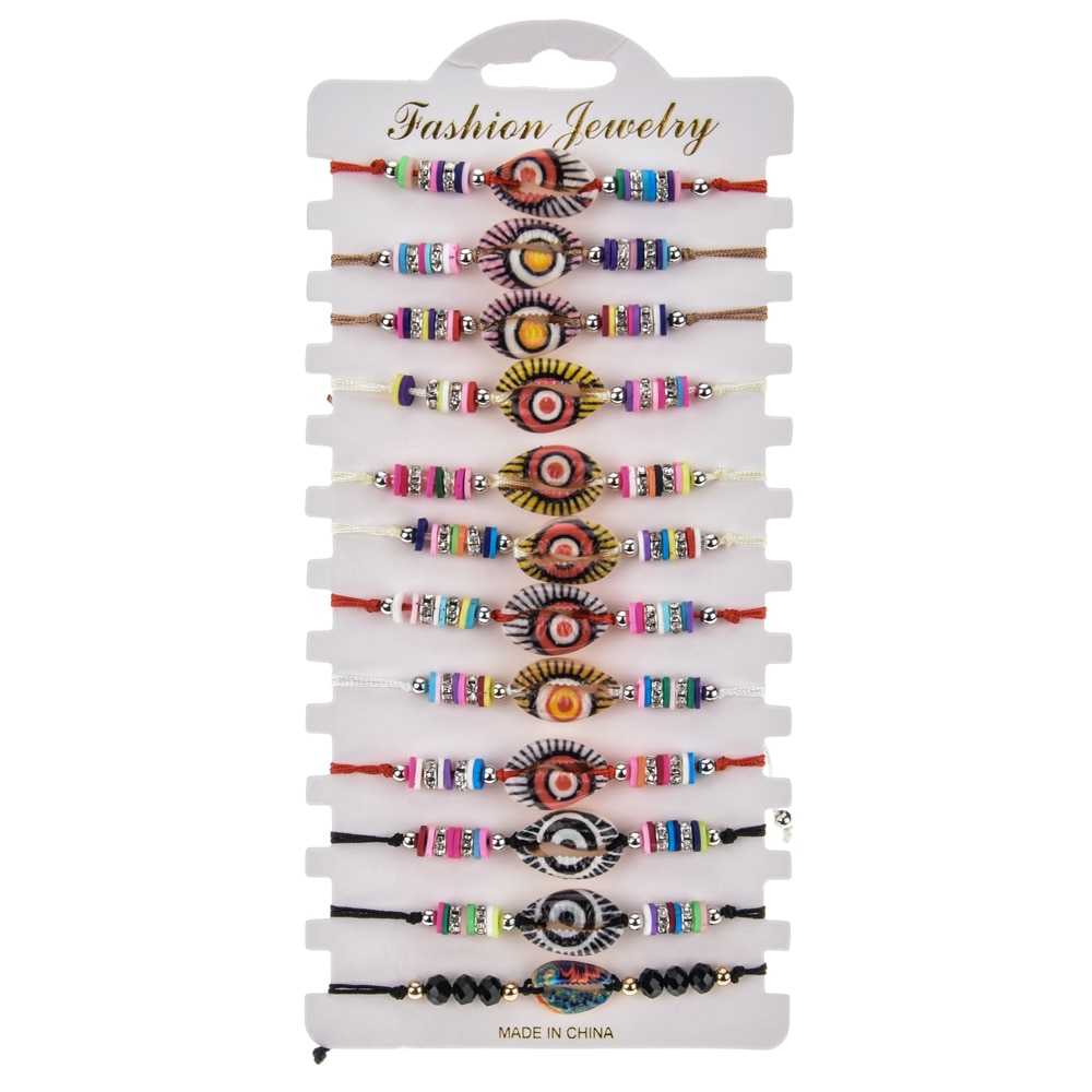 12 pièces/lot cristal coquille tressée corde Bracelet ensemble à la main réglable lettre perles Bracelets pour femmes filles enfants manchette bijoux