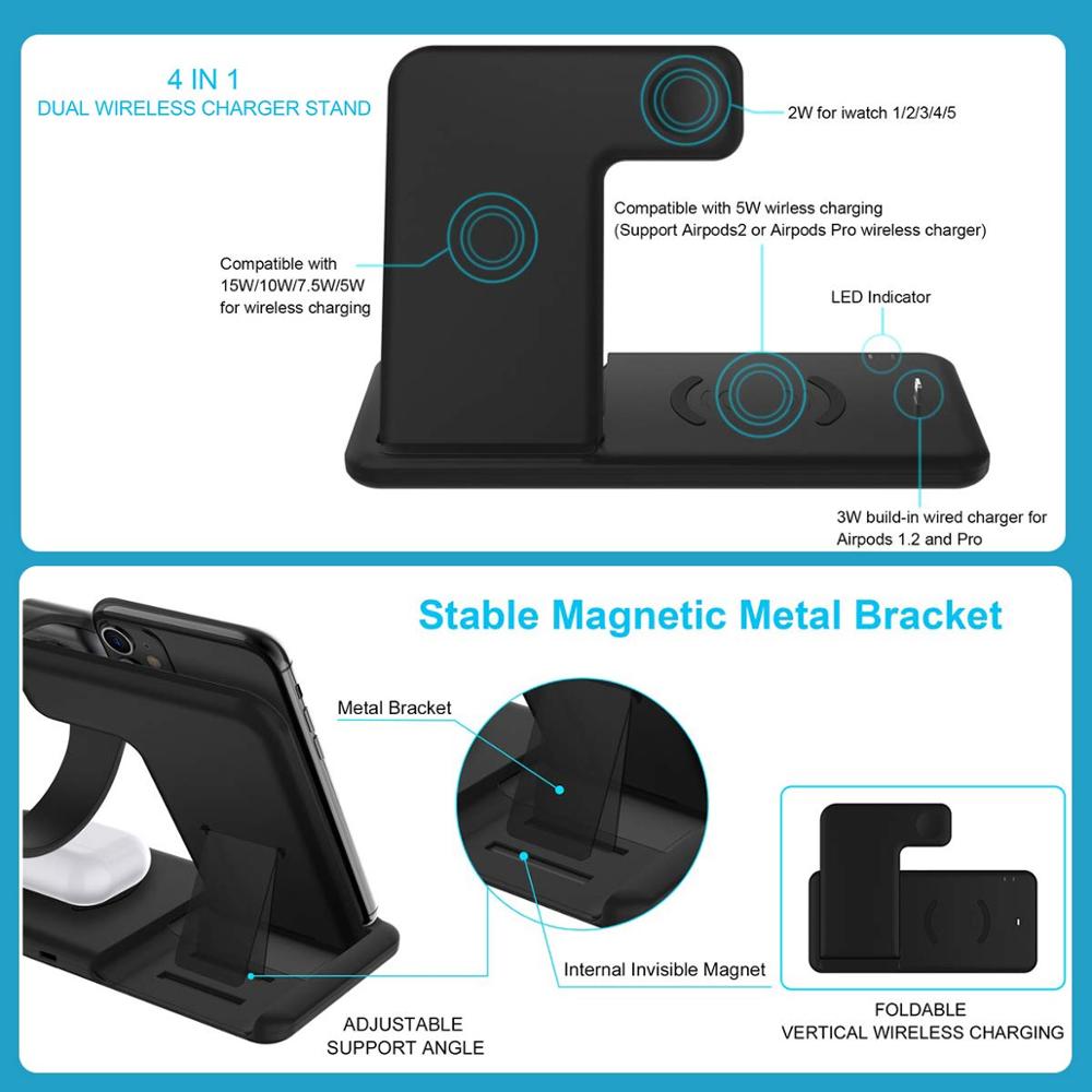15W Qi Wireless Charger Dock Station For iPhone 12 11 XS XR X 8 Apple Watch 6 5 4 3 2 Airpods Pro 4 in 1 Fast Charging Pad Stand