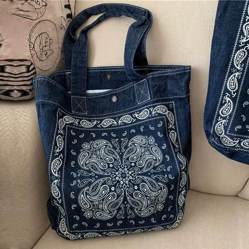 Retro Cool Literary Cashew Flower Denim Washed One-piece Canvas Satchel Handbags Bag For Women: Default Title