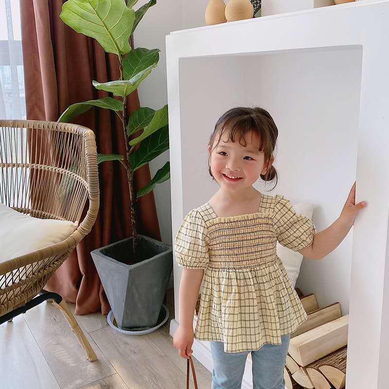 Piger plaid babyskjorter børnefirkantet krave pufærmer kortærmet koreansk sommerskjorte: Gul / 140cm
