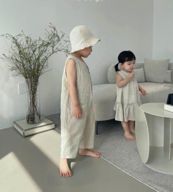 Mono japonés de verano para niños, ropa de algodón y lino con bolsillos y hebilla de una pieza, informal, a la ,