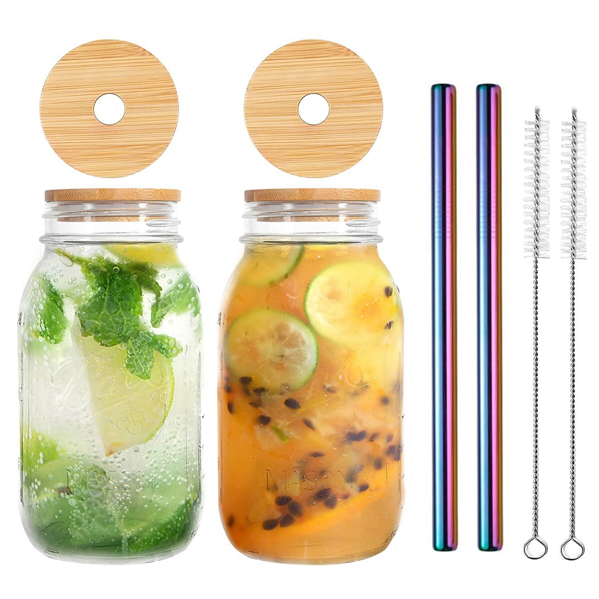 Lot de 2 pots de maçon en verre avec paille, verre réutilisable avec couvercle en bambou, pot de maçon à large bouche pour Boba Bubble Tea: 800ml Rainbow Straws