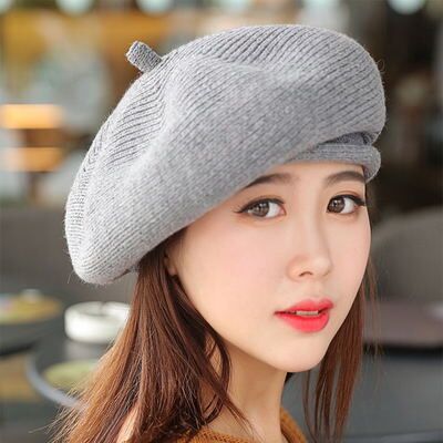 Boina mezclada de lana tejida para mujer, gorro de Otoño Invierno, boinas para mujeres,: gray