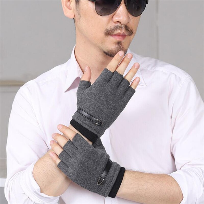 Guantes sin dedos para hombre, manoplas de cuero de ante para conducir, negro y gris, medio dedo, elásticos, para exteriores, para invierno