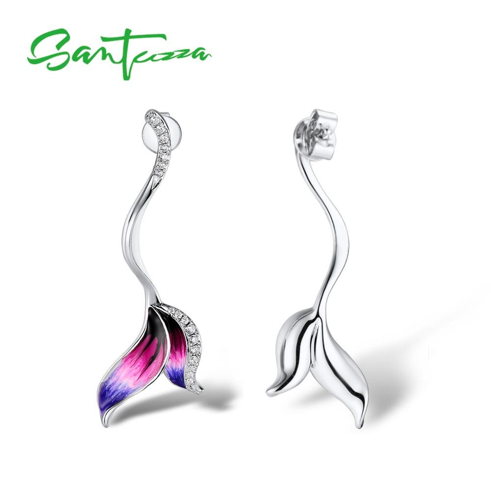 SANTUZZA Jewelry Set For Women 925 Sterling Silver Delicate Purple Leaves Earrings Necklace Jewelry Handmade Enamel