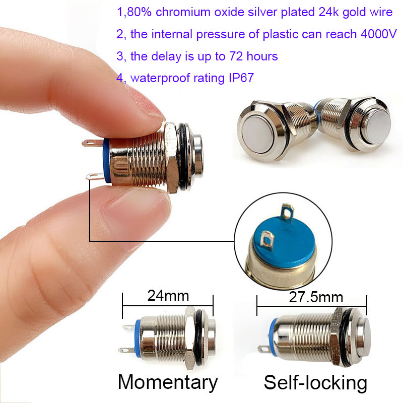 12mm Metal Push Button Switch Momentary Short Style Waterproof Self-reset Locking Latching IP67 NO High/Flat/Round Shape