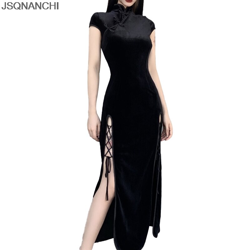 Cheongsam-Estilo de Mujeres gótico de satén, chino tradicional, Qipao dividido, Retro, , Vintage, ropa Oriental: L
