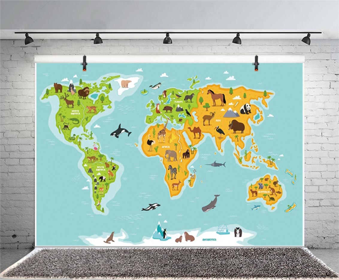 Wereldkaart Achtergrond Jungle Animal Safari Baby Shower Kinderen Blij Verjaardagsfeestje Fotografie Achtergrond Photo Studio Decor Banner