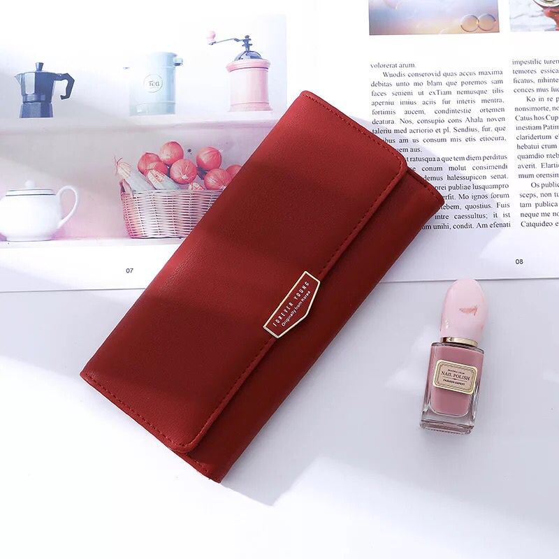 Cartera larga a la de Color sólido para mujer, tarjetero de gran capacidad, bolso de mano informal de cuero, bolso de mano, monedero: Wine Red