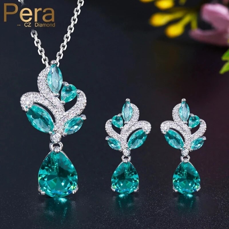 Pera Elegante Stile Coreano Luce Blu Cubic Zirconia Donne di Modo Del Pendente del Foglio Della Collana di Acqua Orecchini A Pendaglio Set di Gioielli J151