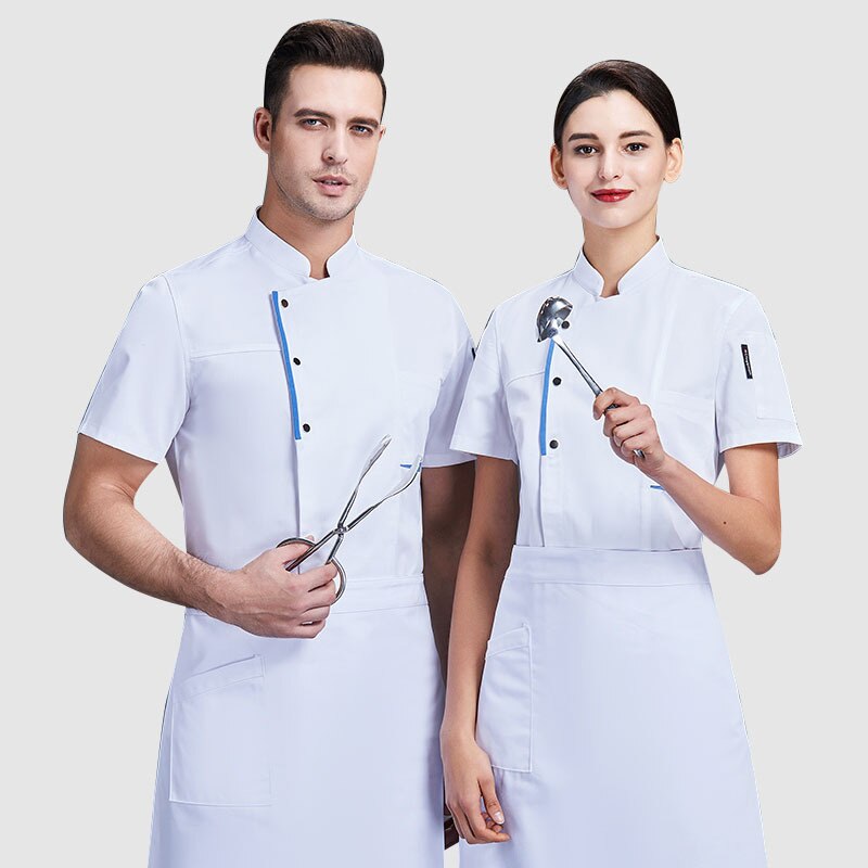 Chef uniform male chef's clothes catering hotel hotel uniforms male thin with short sleeves are three summer blue edge
