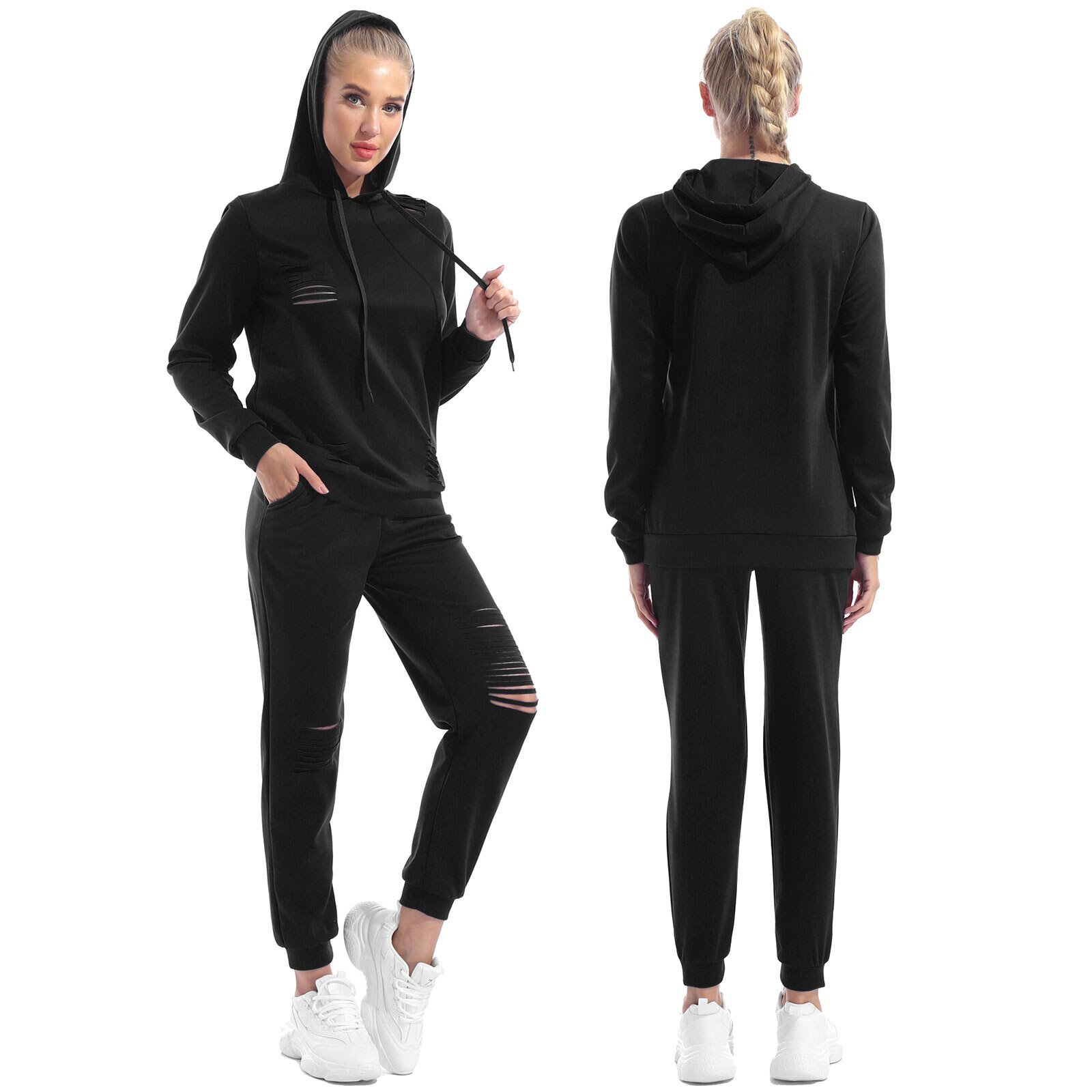 Mode Sport Trainingspakken Vrouwen Casual Sportswear Hooded Hoodie Lange Mouw Sweatshirt Top + Broek 2 Stuks Set Voor Running Gym fitness: Black / XXXL