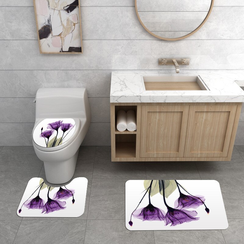 Bloem Patroon Afdrukken Badkamer Waterdicht Douchegordijn Set Voetstuk Tapijt Deksel Tapijt Wc Cover Set Bad Gordijn Mat Set