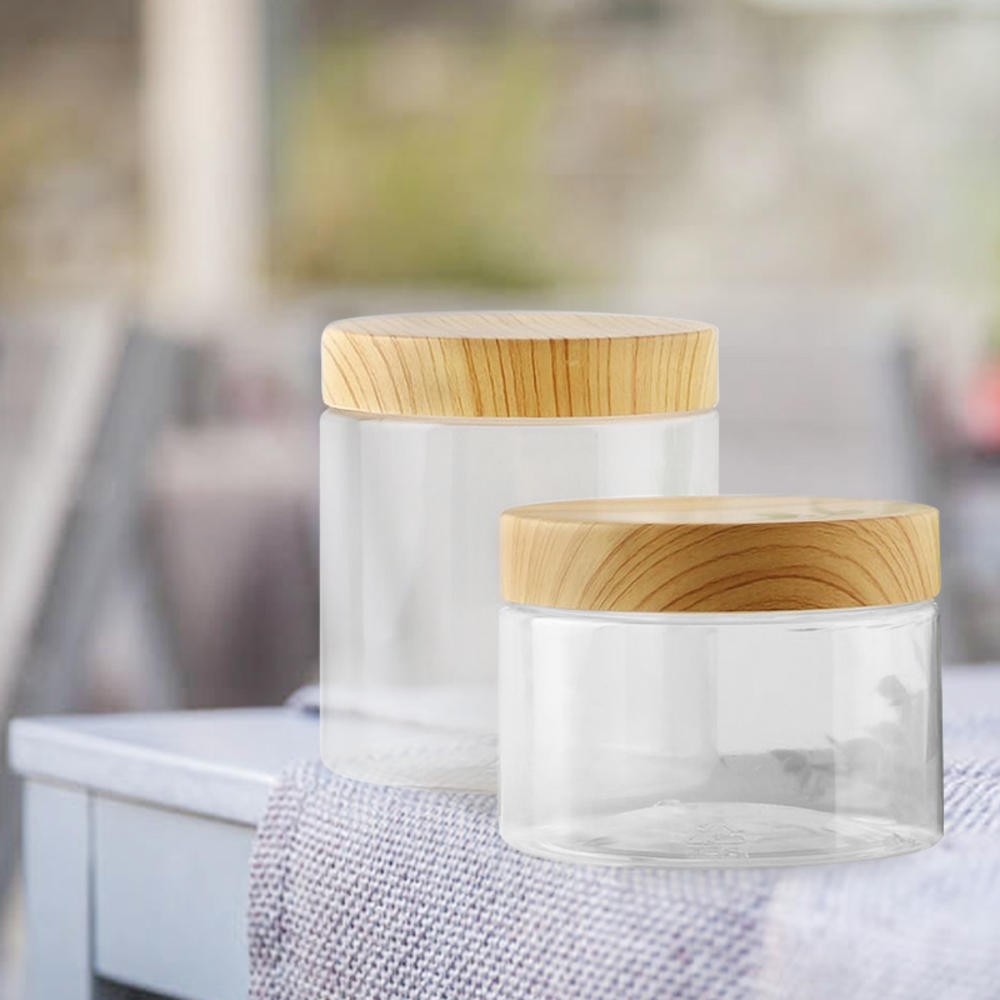 Transparent Vacuum Plastic Lid Container Wood Lid Airtight Canister Kitchen Storage Bottles Cereal Condiment Storage Container