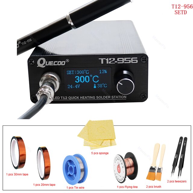 Quecoo T12-956 stazione digitale di saldatura Oled con manico in metallo nero M8 e punte per saldatore T12 spina ue predefinita: impostato D