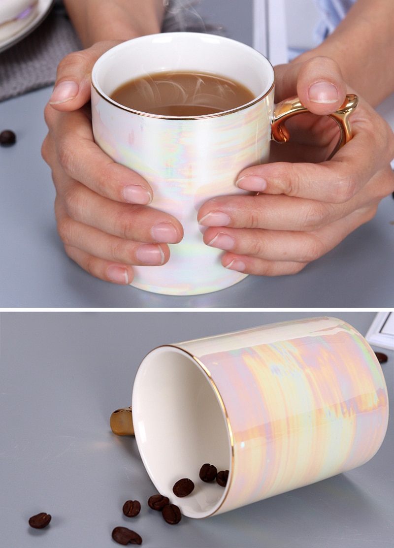 Pearl glaze gold handle mug coffee cup advanced mug rainbow glazed ceramic cup,simple Nordic teacup Drinkware