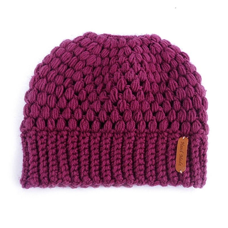 Winter gebreide mutsen winter dames muts dames meisjes stretch gebreide muts met label rommelige knot paardenstaart muts met gaten warme mutsen mutsen: Pp