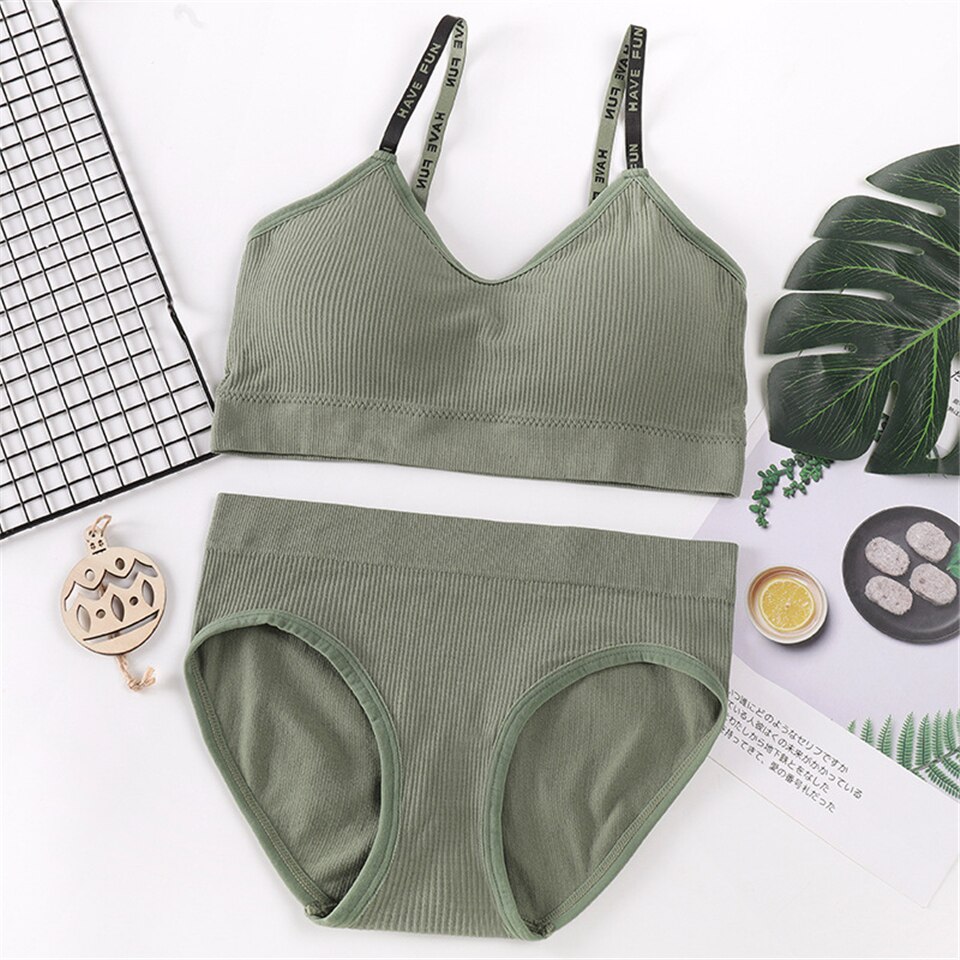 Seamless Women Top Panties Set Comfortable Cotton Tops Panties Woman Underwear Set Soft Active Wear Lingerie Fitness Crop Top: Green