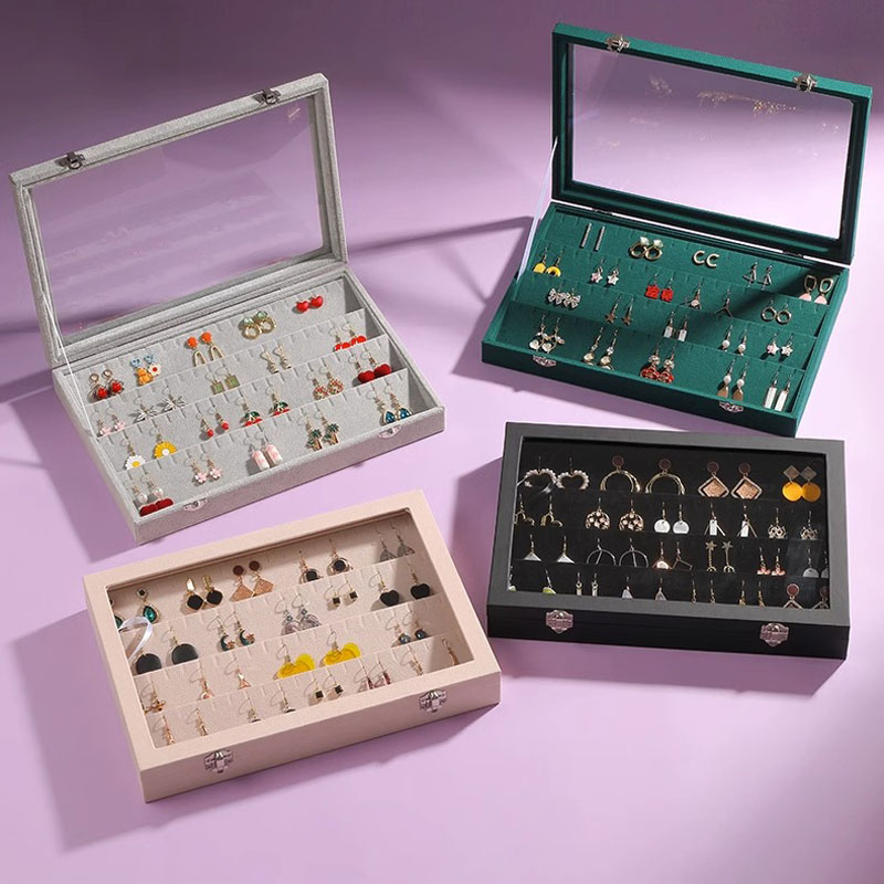 Boîte de rangement pour boucles d'oreilles, couvercle transparent en velours, 32 paires de boucles d'oreilles, plateau à clous, vitrine