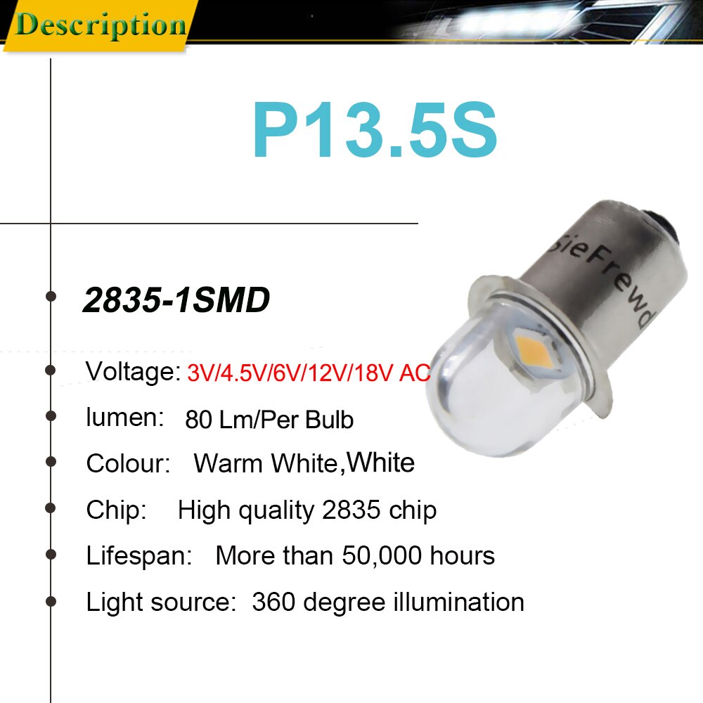 Pair P13.5S PR2 PR3 LED Bulb 2835 1 SMD AC 3V 4.5V 6V 12V 18V Warm 4300K Pure White 6000K Replace For Torch Flashlight Work Lamp