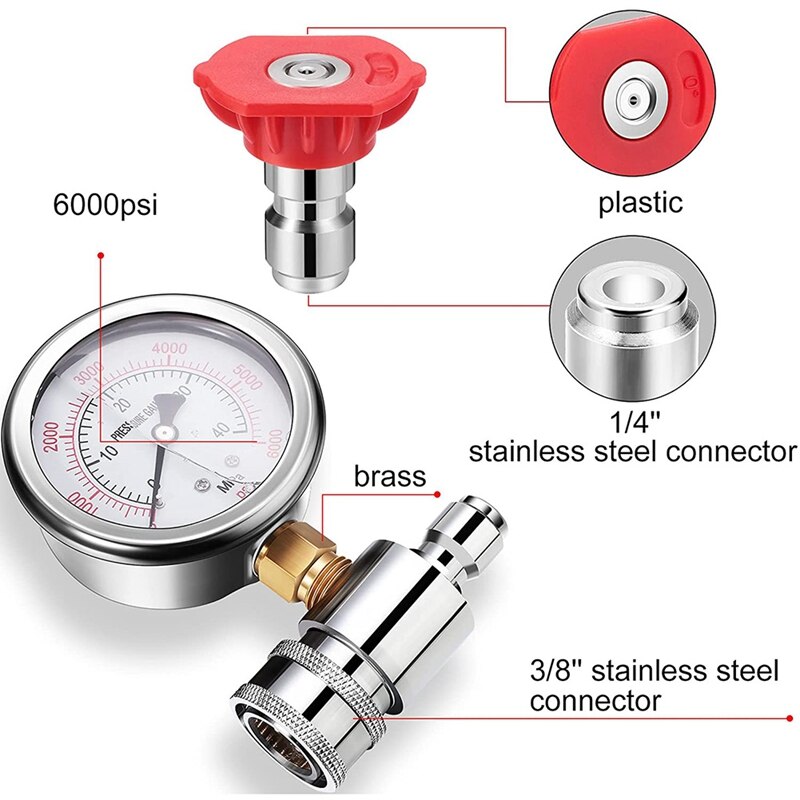 Pressure Washer Adapter Pressure Washer Gauge Kit with 6000Psi 3/8 Inch Pressure Washer Gauge, Quick Hose Connect Kit