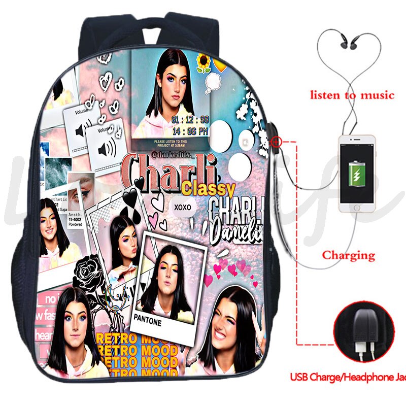 Plecak Charli Damelio plecak USB Design chłopcy dziewczęta torby szkolne mężczyźni kobiety dwuwarstwowy plecak na laptopa plecak podróżny USB: 7