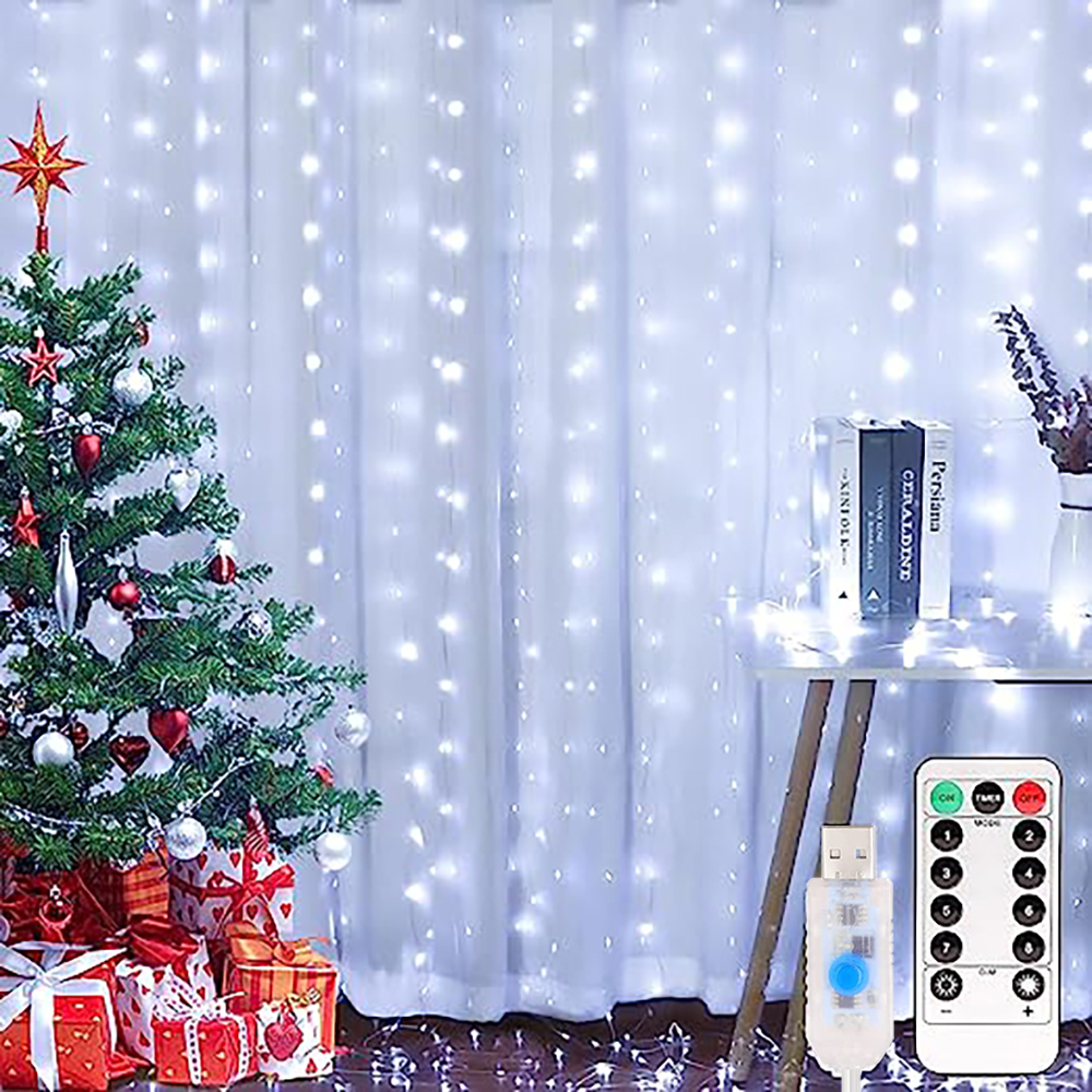 Cortina de luces LED para dormitorio, cadena de hadas USB de 3x3M, guirnalda remota de 8 modos, iluminación decorativa para dormitorio y hogar de boda: Blanco / 0-5 W
